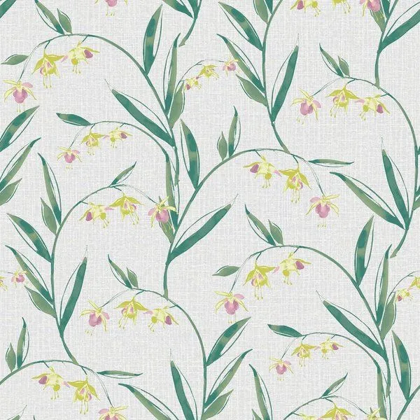 Contemporary floral wallpaper with stylised fuchsia and yellow flowers on curving green stems on a pale textured background
