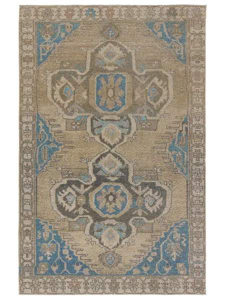 Traditional rectangular rug with green and blue medallion pattern and beige background