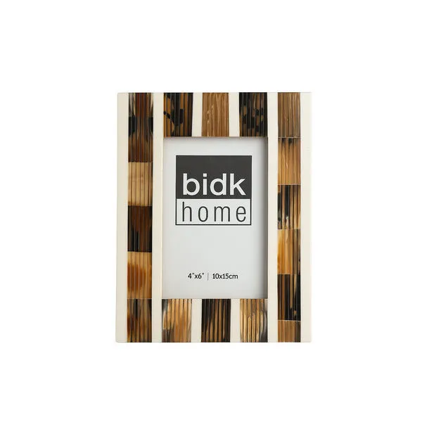 White and yellow resin horn picture frame with vertical striped pattern, fits 4x6 inch photos