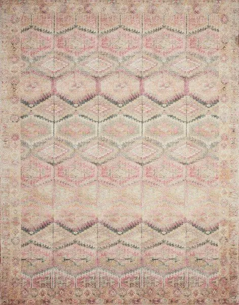 Layla Pink Lagoon Rug with traditional vintage pattern in faded pink, beige, and gray tones