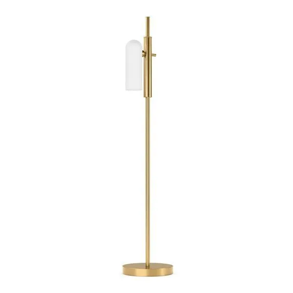Odyssey 1 Light Floor Lamp with a tall burnished brass frame and a single elongated matte glass cylinder diffuser