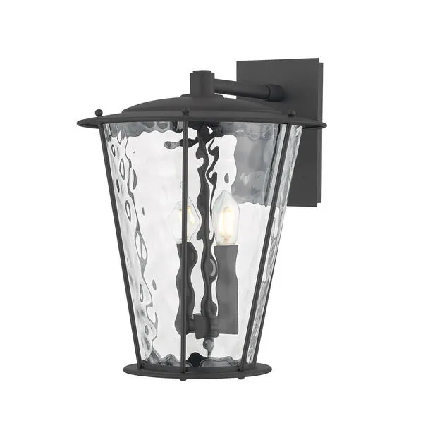 Jantzen Wall Sconce with textured black finish and wavy water glass panels over cream candle-style bulbs