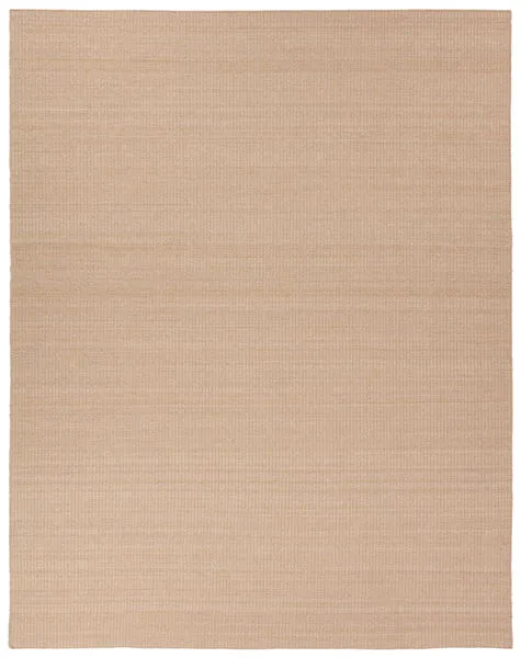 Solid tan handmade indoor/outdoor rug with a subtly striped woven texture and soft finish