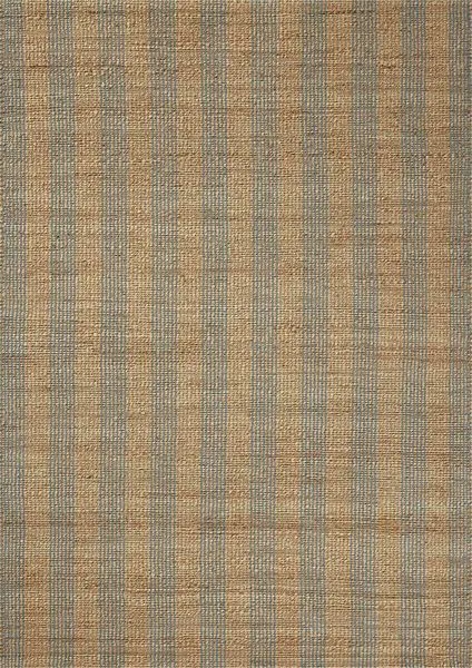 Handwoven rectangular rug with natural jute and cotton fibers in beige with vertical sky blue stripes pattern