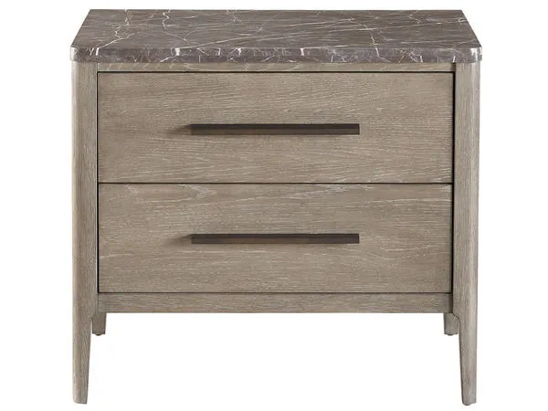 Erinn Nightstand with oak body, two drawers, Piasentina stone top, and dark metal drawer handles