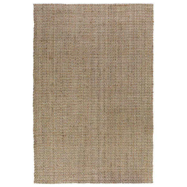 Rectangular hand-woven natural jute area rug in beige tones with a textured braided pattern