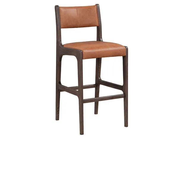 Brown top grain leather counter stool with ash wood frame, tapered legs, and curved corner design