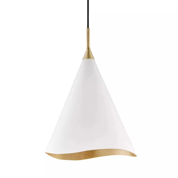 Martini 1 Light Small Pendant with white conical shade and curved gold-leaf edge, suspended by matching gold holder and bl...