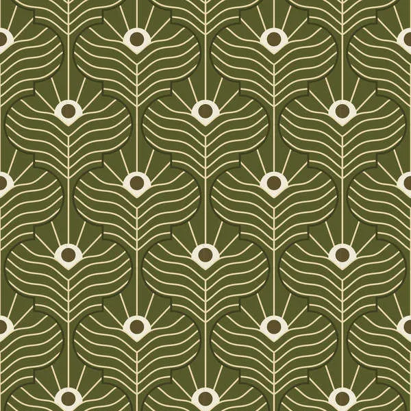 Olive-green Moroccan Peacock wallpaper with symmetrical stylized peacock feather pattern in muted beige lines