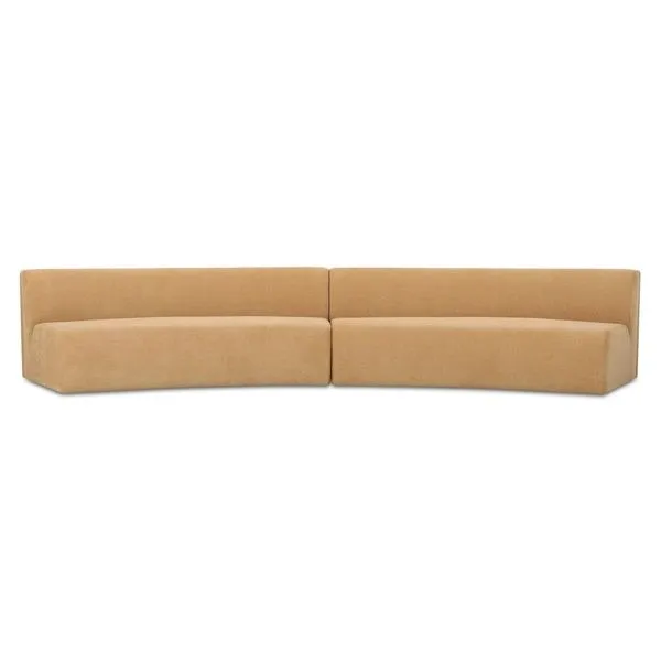 Naomi Concave Modular Sectional in camel fabric, two-piece curved sofa with low back and seamless upholstery