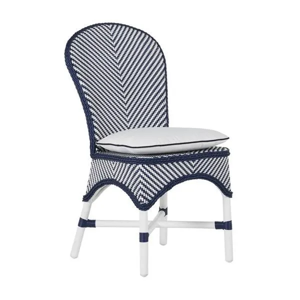Savoy Side Chair with woven navy and white chevron pattern, rounded high back, white legs, and a white seat cushion with n...