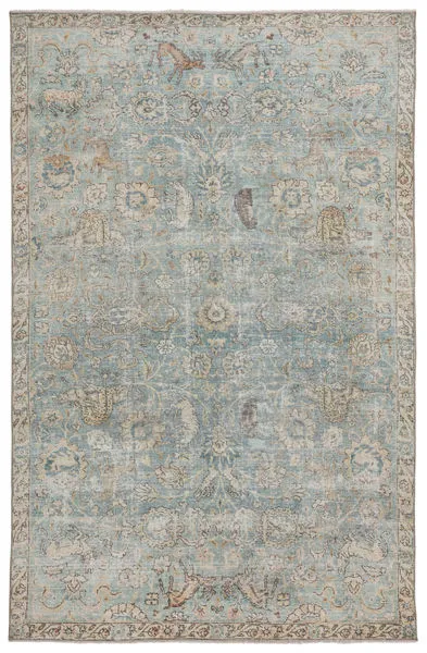 Full view of Stag Oriental rug showing antique hunting and wildlife design in teal, gold, and blue hues