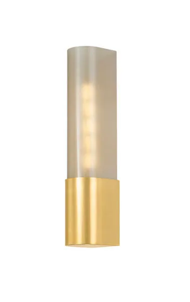 Somersville Wall Sconce upright front angle showing softly patinated etched glass and brass metal base