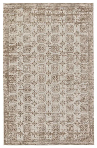 Rectangular area rug with distressed tan trellis pattern on cream and beige striated background