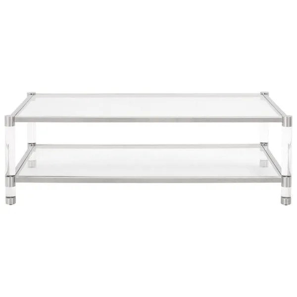 Rectangular transitional coffee table with tempered glass top and shelf, stainless steel frame, and clear acrylic legs