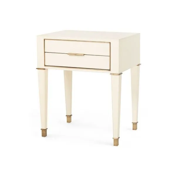 Hunter 2-Drawer Side Table in ivory leather with antique brass accents and tapered legs