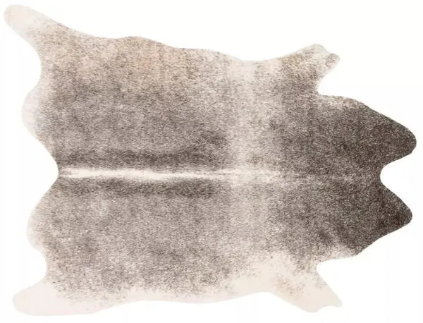Flat overhead view highlighting full shape and gradient color from grey to ivory of the animal hide rug