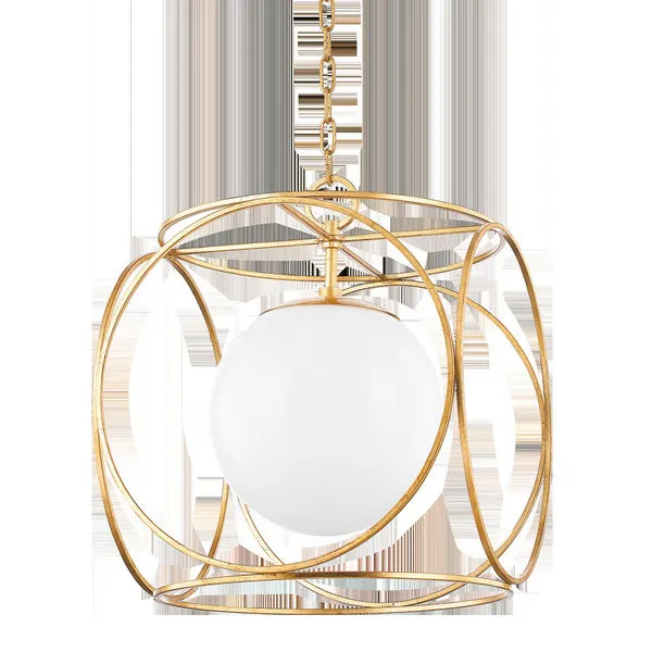 Large pendant light with a white opal glass globe encased in a gold six-circle metal cage