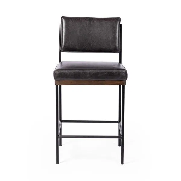 Benton Stool with slim black iron frame, solid oak decking, and black top-grain leather seat and backrest