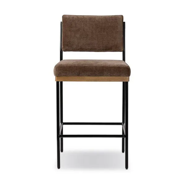 Benton Altair Mushroom Bar stool with slim black iron frame, solid oak base, and brown fabric seat and backrest