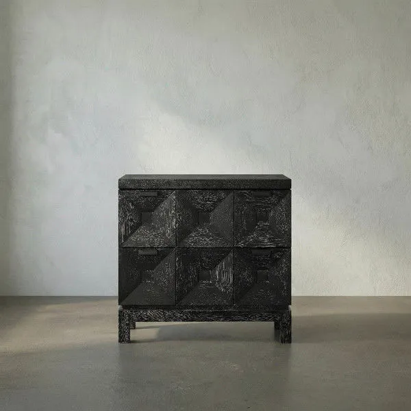 Black walnut Musashi console table with 2 drawers featuring grid of faceted drawer fronts and monolithic silhouette