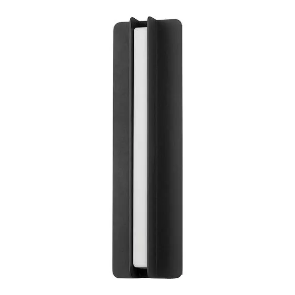 Minimalist black exterior wall sconce with integrated LED, featuring a slender beam of light between two bent metal flanges