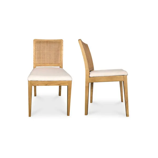 Set of 2 Orville dining chairs with light wood frame, rattan backrest, and beige cushioned seat