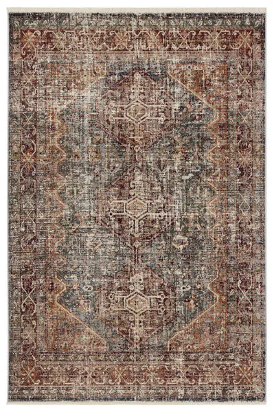 Traditional rectangular rug with distressed medallion motif in red, blue, cream, taupe, gray, tan, and green