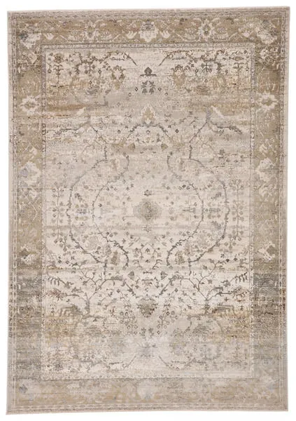 Tajsa Medallion Gray Gold Rug with ornate center medallion in cream, gray, silver, and gold tones with vintage faded design