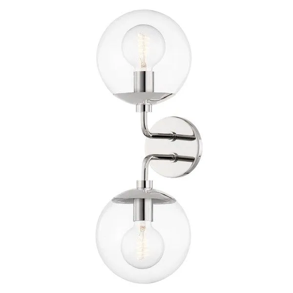 Meadow 2 Light Wall Sconce with two clear glass globes and brushed nickel steel fixtures mounting vertically on a round wa...