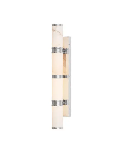 Brenham Nickel Wall Sconce featuring three alabaster cylindrical shades with nickel bands on a rectangular nickel backplate