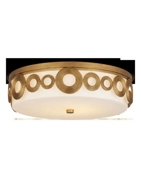 Gyges Flush Mount ceiling light with brass-finished wrought iron circular pattern and opaque white glass shade