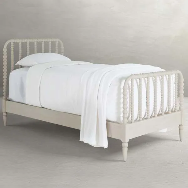 Jennifer Twin Bed in distressed antique white with spindle headboard and footboard on tapered legs