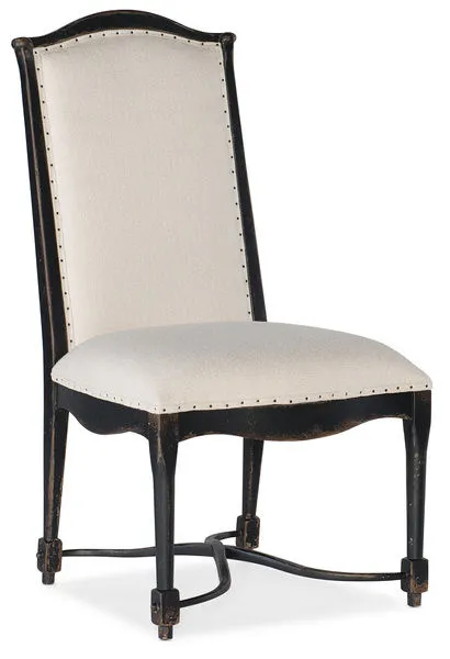 Ciao Bella Upholstered Side Chair with soft gray-white fabric, tiny tack-nail trim, curved scalloped seat base, and inters...