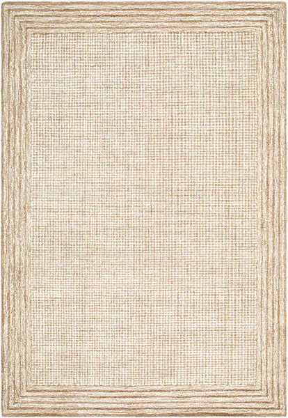 Beige and cream handmade wool rug with a textured weave and layered border design