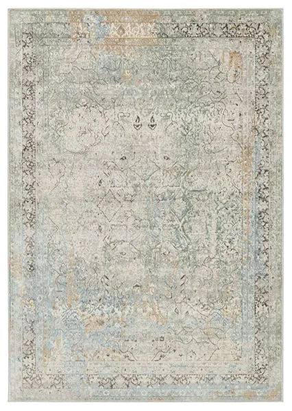 Traditional green and light gray rug with an intricate medallion pattern in cream, gold, blue, and charcoal accents