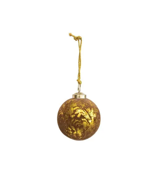 3-inch round brown and gold flocked glass ornament with metallic sheen and hanging gold string