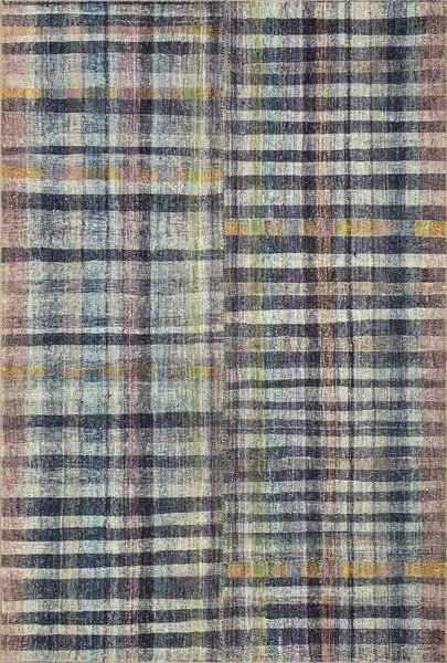 Humphrey Plum Multi Rug with a plaid striped pattern in muted blues, purples, and yellows with a textured, woven look