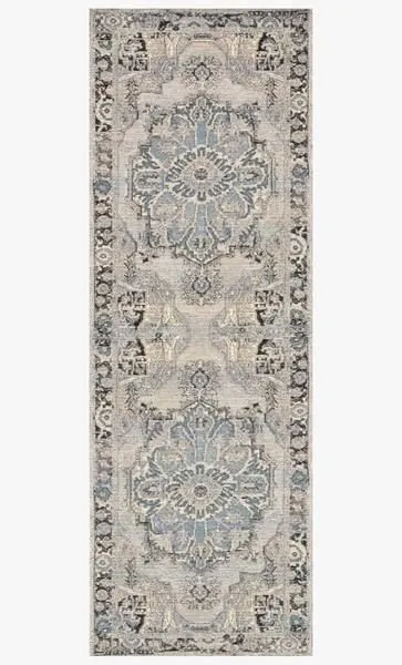Long narrow runner version of Mika Grey / Blue Rug showing two large medallions and matching border