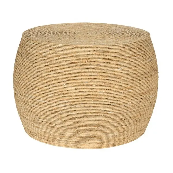 Gently rounded wide accent table handwoven from natural corn rope with tight spiral weaving and warm beige tones