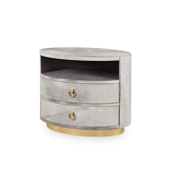 Julius 2-Drawer Side Table with rounded silhouette, light faux fur upholstery, gold circular drawer pulls, and gold base