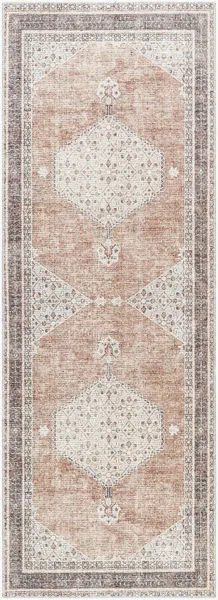 Rectangular runner rug with a faded gray and brown vintage pattern featuring two central medallions and intricate border d...