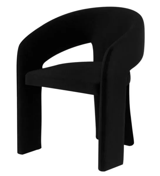 Three-quarter side view showing chair's curved armrest and thick cushioned seat