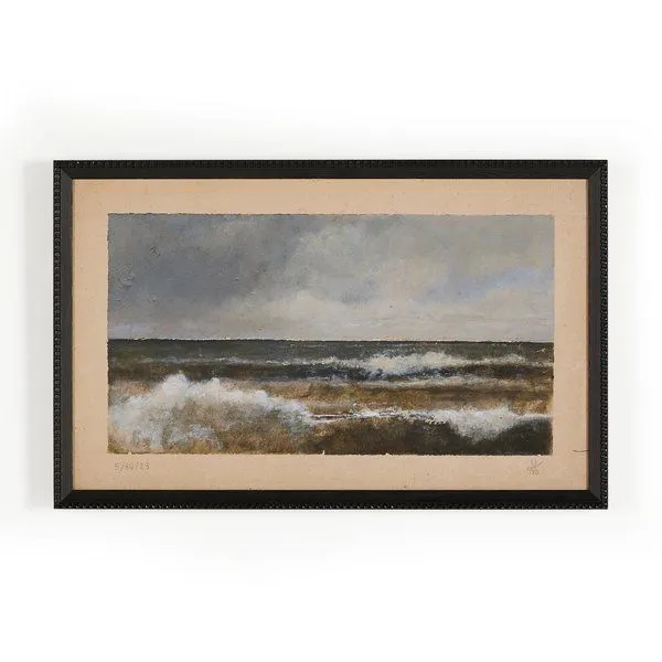 Landscape painting of ocean waves under a cloudy sky in a distressed black Brimfield pine frame
