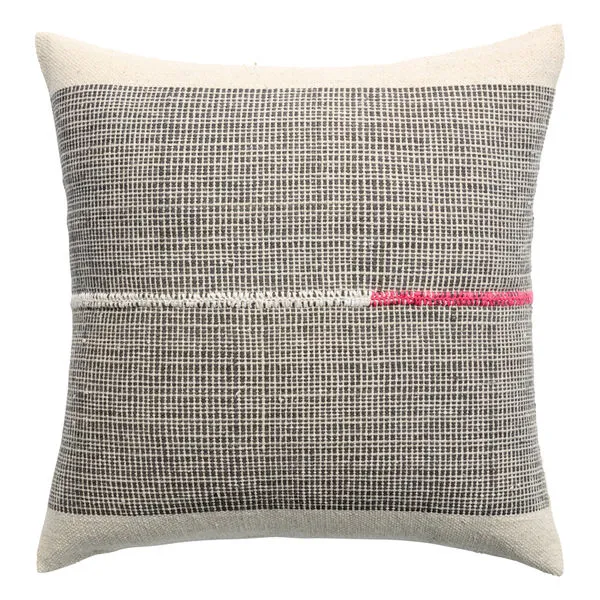 Handmade square pillow with natural beige and gray geometric grid pattern and a horizontal white and pink stitch detail