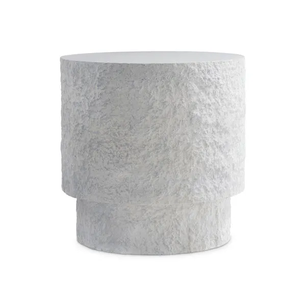 Pincio side table with round shape, smooth top, textured faux stone Millstone finish, and plinth base