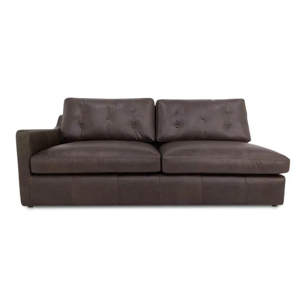 Thurlow left arm facing sofa in espresso brown top-grain leather with tufted back cushions and sloped arm