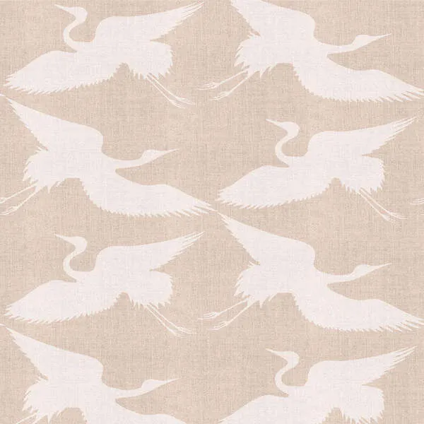 Wallpaper with large white paper crane birds in flight on a textured beige background, matte finish