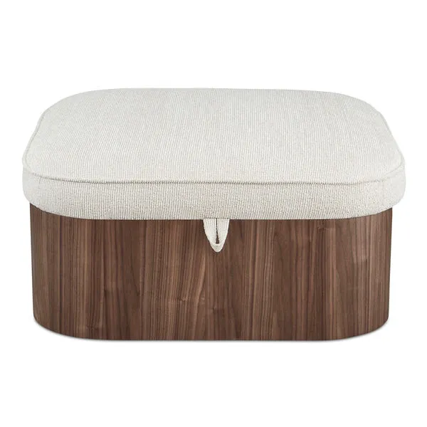 Sonny ottoman with walnut veneer base and flecked oatmeal fabric cushioned top with piping and rounded corners