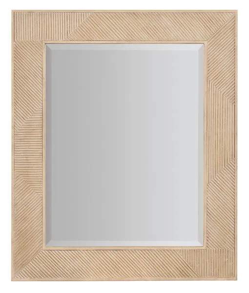 Rectangular beveled mirror with sand-colored reeded resin frame showing carved diagonal grain pattern